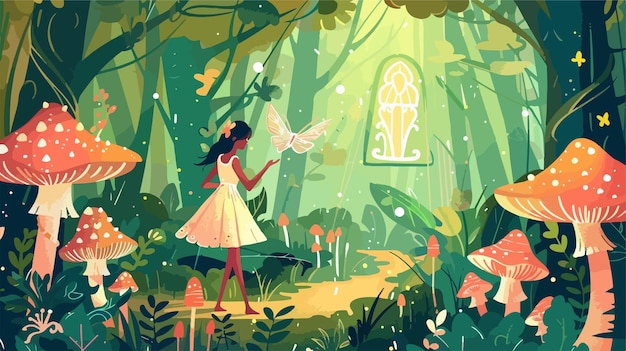 Vector young woman in elegant dress holding bird in enchanted fantasy setting