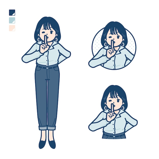 Vector young woman in an opencollared shirt with be quiet hand sign images