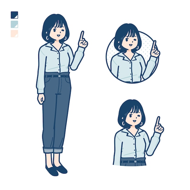 Vector young woman in an opencollared shirt with pointing hand sign images