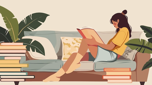 Vector young woman sitting on sofa with stack of books vector style