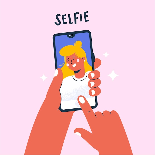 Vector young woman taking selfie photo on smartphone.
