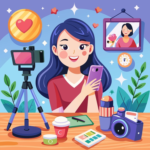 Vector young woman vlogging with a camera and smartphone with makeup products and a coffee cup on the table