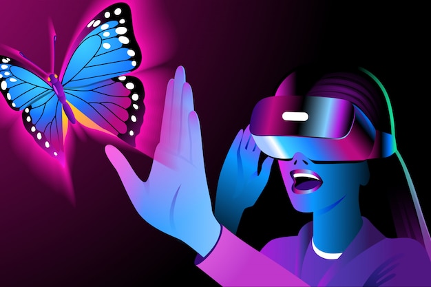 A young woman in a VR headset looks around and touches a virtual butterfly. Helmet of virtual reality on a black background