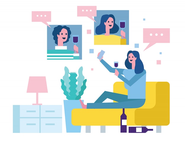 Young women drinking wine at home and celebrating video call to friends. Idea for COVID-19 outbreak, Stay home, social distancing, prevention and awareness. flat design illustration