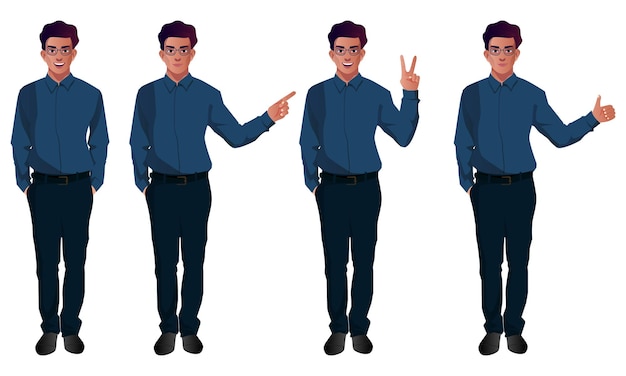 young working men character in different poses set vector indian style eps