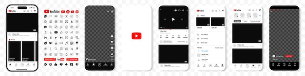 Vector youtube app template iphone with youtube mockup youtube icons and template screen frame with shadow set of youtube social media template