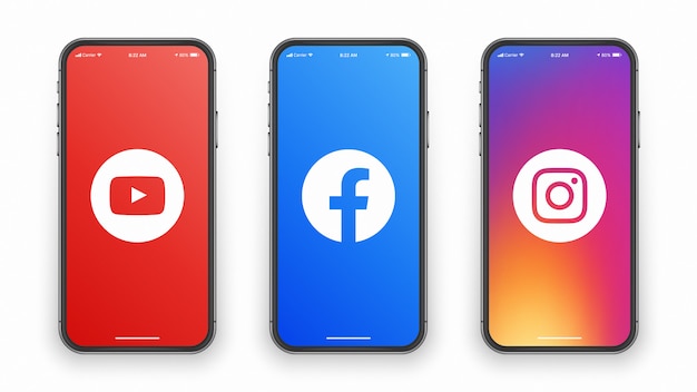 Vector youtube facebook instagram logo on phone screen