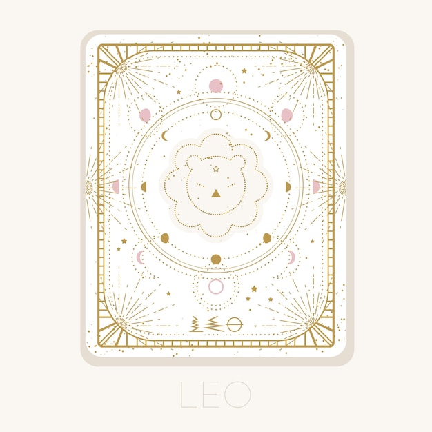 Zodiac sign leo card Astrological horoscope symbol with moon phases Graphic gold icon on a white