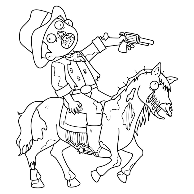 Zombie Cowboy Isolated Coloring Page for Kids