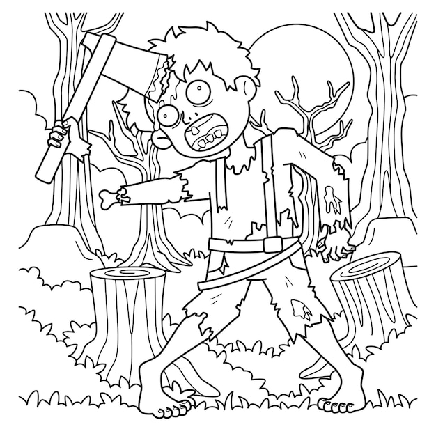 Zombie with an Axe in His Head Coloring Page