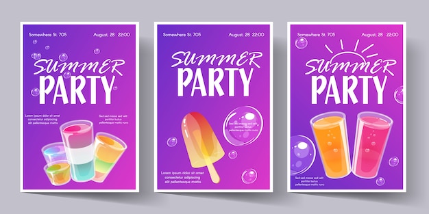 Zomer partij poster sjabloon set. Uitnodigingsvlieger met cocktailshots.