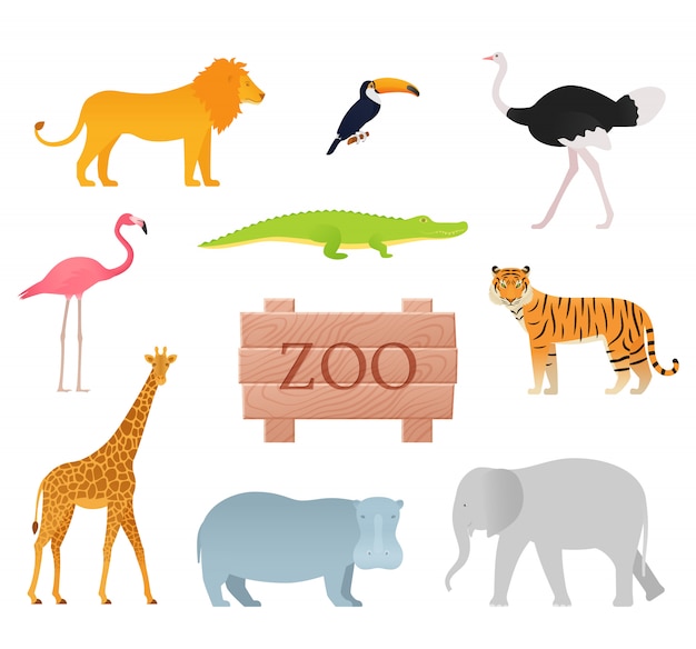 Zoo animals. . Animal icon set with wooden board.