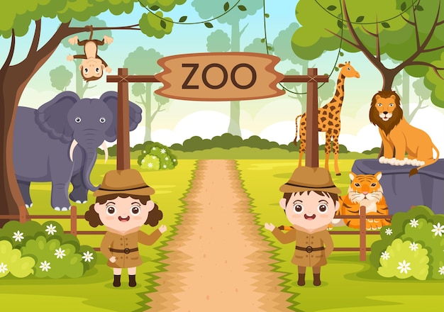 Zoo Cartoon Illustration with Safari Animals on Forest Background