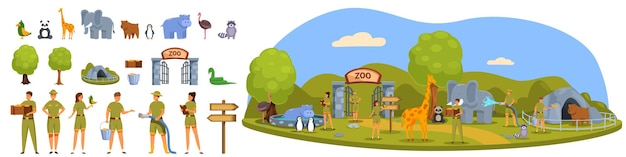 Vector zookeeper icons set cartoon vector zoo park animal