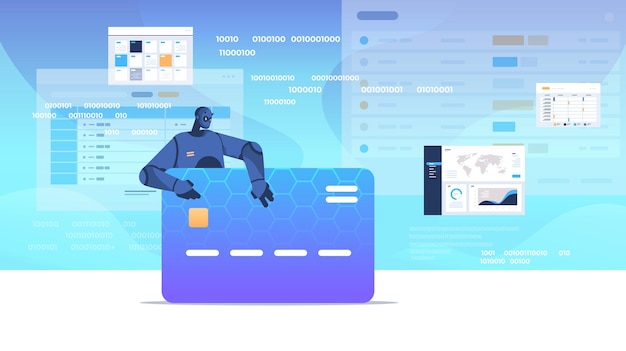 zwarte robot die gegevens hackt. beveiliging van creditcard