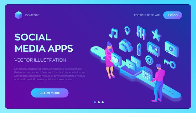 Aplikacje społecznościowe na inteligentnym zegarku. Izometryczne ikony mediów społecznościowych. Aplikacje mobilne.