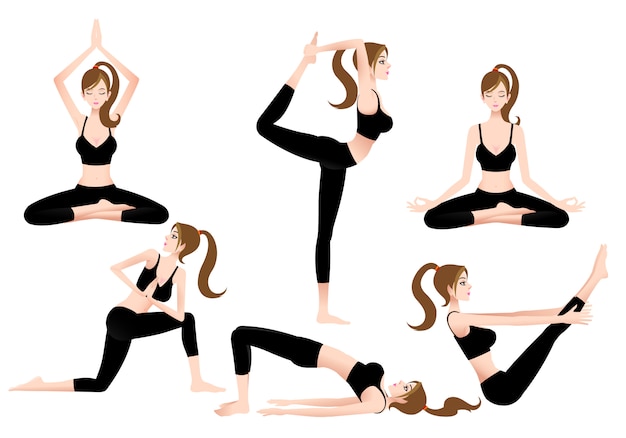 Wektor cartoon female yoga trainer umożliwia samodzielne granie w jogę.