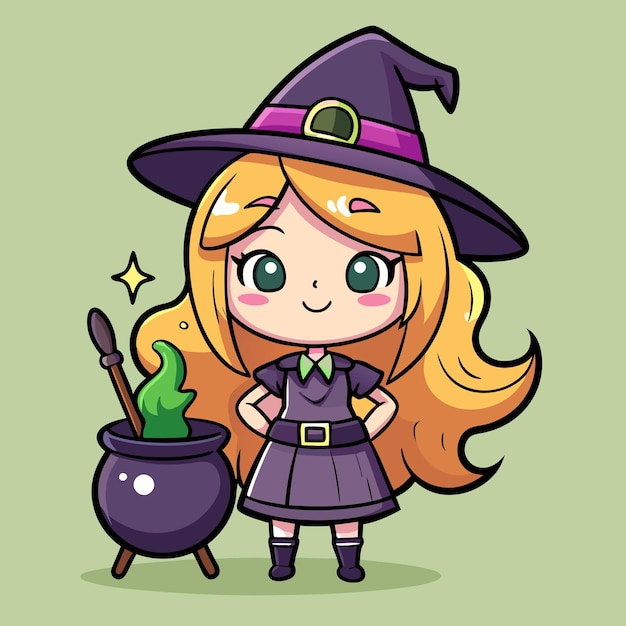 Wektor cartoon witch girl latająca na miotle vector design