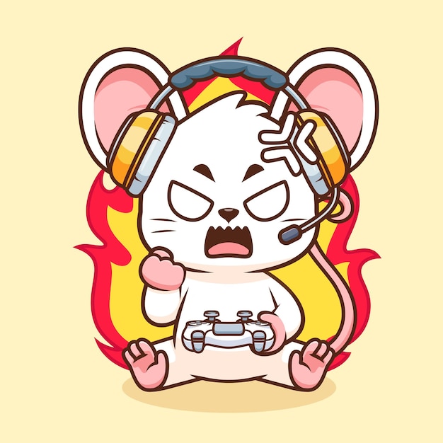 Wektor cute angry mouse gaming cartoon icon wektor ilustracja ikony technologii zwierzęcej izolowany wektor płaski