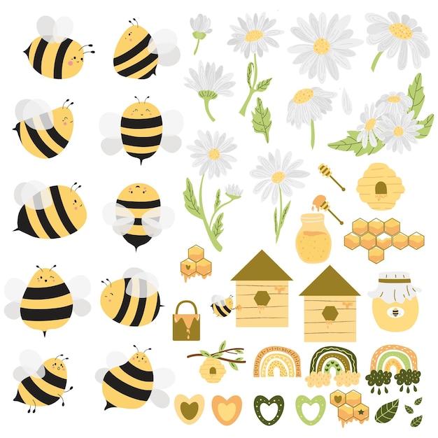 Wektor cute bees element with flowers cute bees and flowers graphics wektorowe