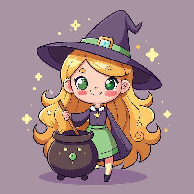 Cute Girl Witch Brewing Spell Karikaturowa sztuka wektorowa