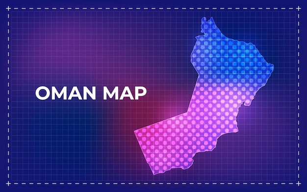 Cyfrowa mapa Omanu ze świecącymi kropkami i technologią w tle