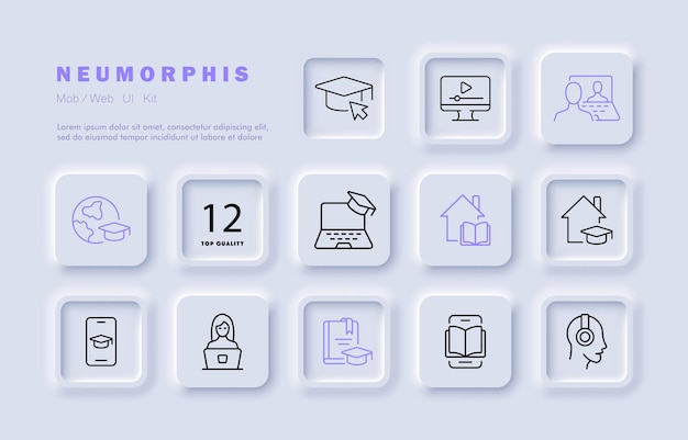 Dystans edukacji zestaw ikona Online czapka akademicka komputer podręcznik e książki internet słuchać muzyki pobyt w domu telefon student słuchawki Koncepcja uczenia się Styl neomorfizmu Wektor linii ikona