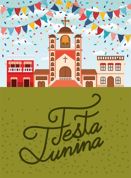 Wektor festa junina z wiejską sceną i girlandami