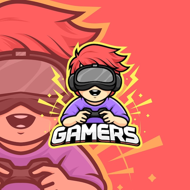 Wektor game guy esport emblemat logo gamer chłopiec noszący maszynę vr