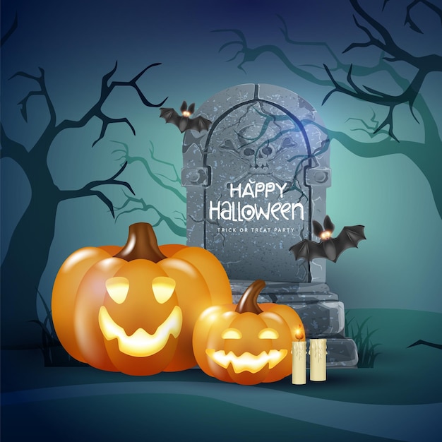 Happy Halloween banner 3d lub tło zaproszenia na przyjęcie z dyniscandles realistyczny grób na tle ilustracji wektorowych Ciemny las drzewa nietoperzeIlustracja wektorowa