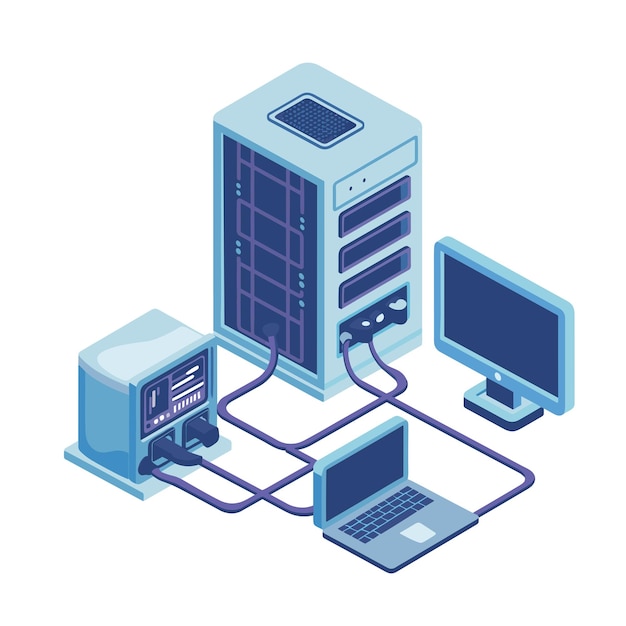 Wektor ilustracja izometryczna przedstawiająca różne urządzenia połączone w sieci komputerowej