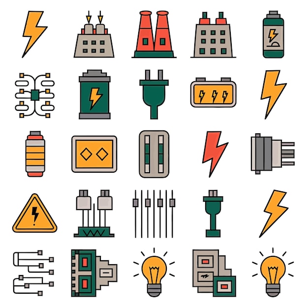 Ilustracja wektorowa 2d kolorowe ikony kolekcji dla baterii elektrycznych i energetycznych wtyczek zasilania