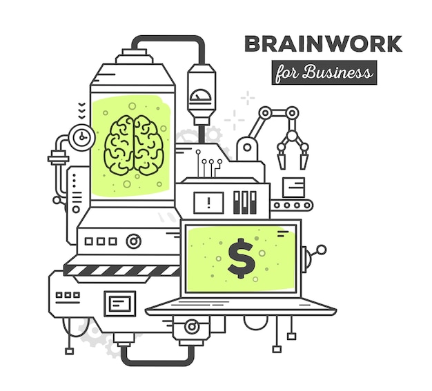Ilustracja wektorowa kreatywnego profesjonalnego mechanizmu pracy mózgu z tekstem na białym tle
