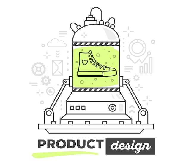 Ilustracja wektorowa kreatywnego profesjonalnego mechanizmu projektowania produktu z tekstem na temat
