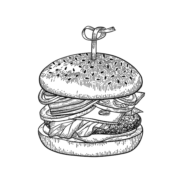 Ilustracja wektorowa monochromatyczne Burger w stylu vintage naszkicowanych.