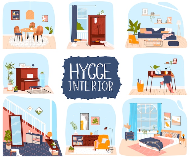 Wektor ilustracja wnętrza domu, kolekcja kreskówek homeroom z przytulnymi meblami i dekoracjami w stylu hygge