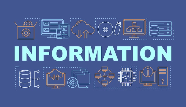 Wektor informacje słowo pojęć transparent. zarządzanie danymi, hosting www. serwery i bazy danych. prezentacja, strona internetowa. pomysł na białym tle napis typografia z liniowymi ikonami. ilustracja wektorowa zarysu