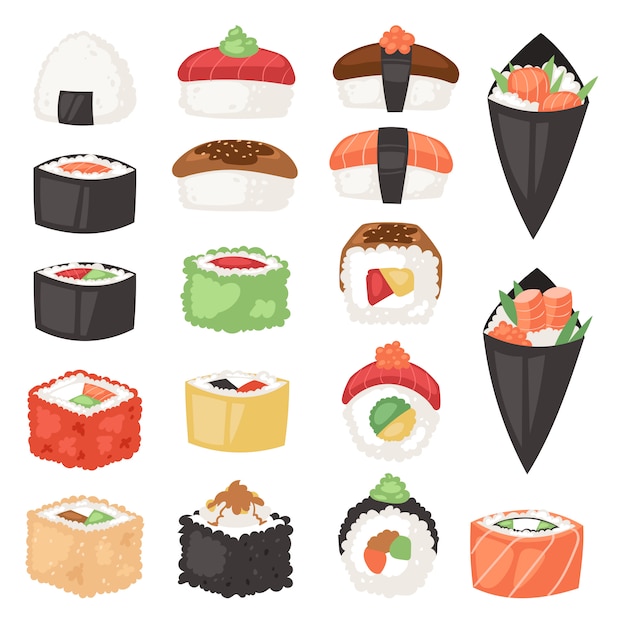 Wektor japońskie jedzenie sushi sashimi roll lub nigiri i przystawka z ryżem z owoców morza w japonii restauracja ilustracji zestaw kuchni japońskiej na białym tle