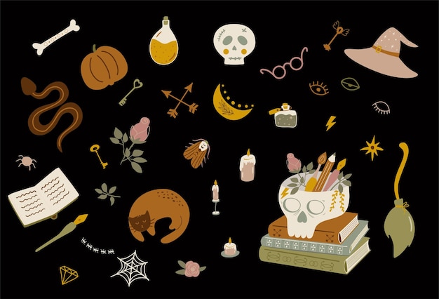 Wektor kolekcja symboli czarodzieja ciemna akademia kreskówka zestaw magiczny halloween czary na białym tle elementy wektor doodle eliksiru czarownic ludzka czaszka wąż błąd kot książki dynia alchemia tajemnica obiektów