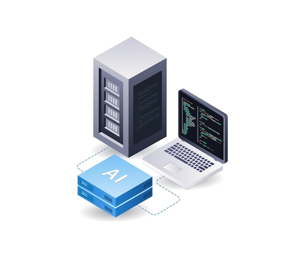 Wektor komputer sztuczna inteligencja serwer danych infografika 3d ilustracja płaska izometryczna