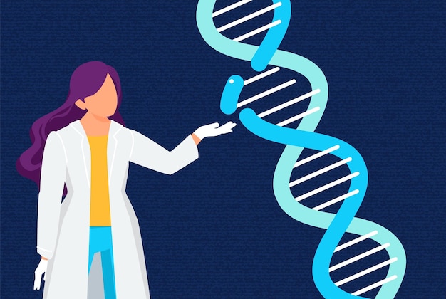 Koncepcja laboratorium badawczego DNA laboratorium żeński naukowiec genetyczny Lekarz i analiza biochemiczna genomu ilustracja wektorowa