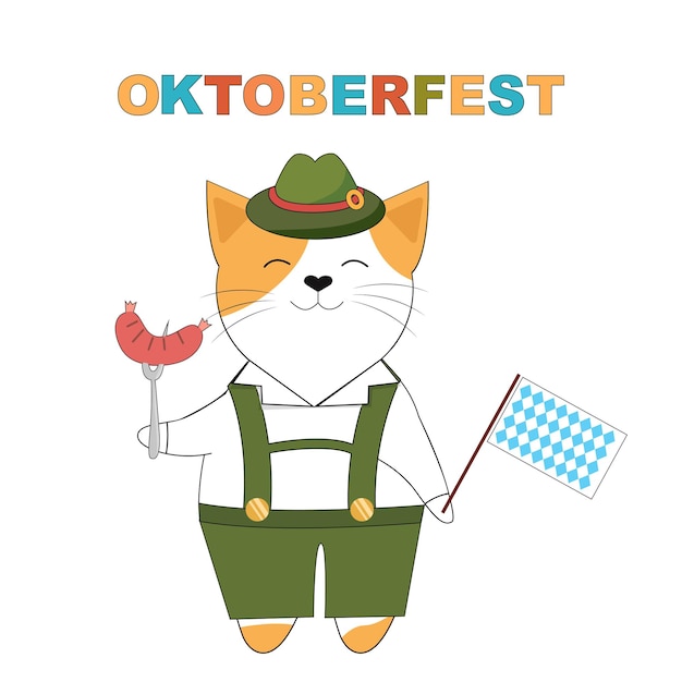 Kot bawarski z kiełbasą i flagą ilustracji wektorowych Oktoberfest