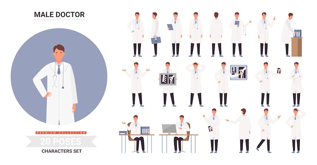 Lekarz mężczyzna postać stawia zestaw ilustracji infografikę.