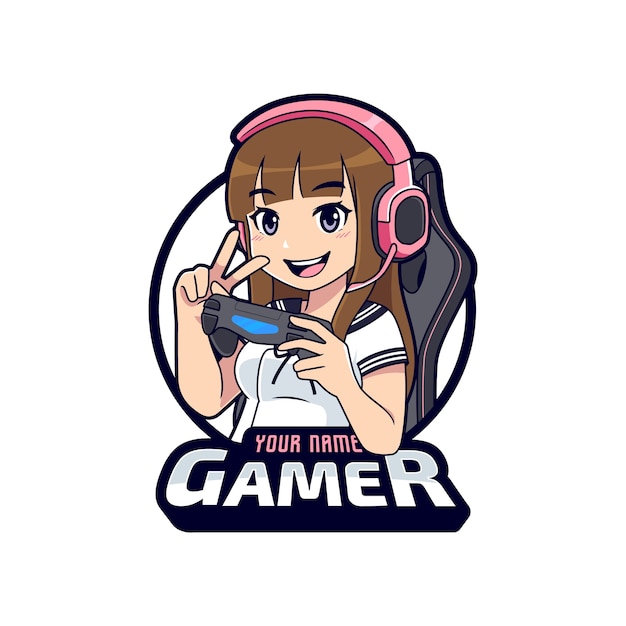 Wektor logo maskotki postaci uroczego gracza, szablon logo e-sportu gamer girl cartoon