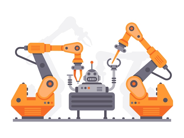 Plik wektorowy manipulatory przemysłowe montują robota. płaska ilustracja