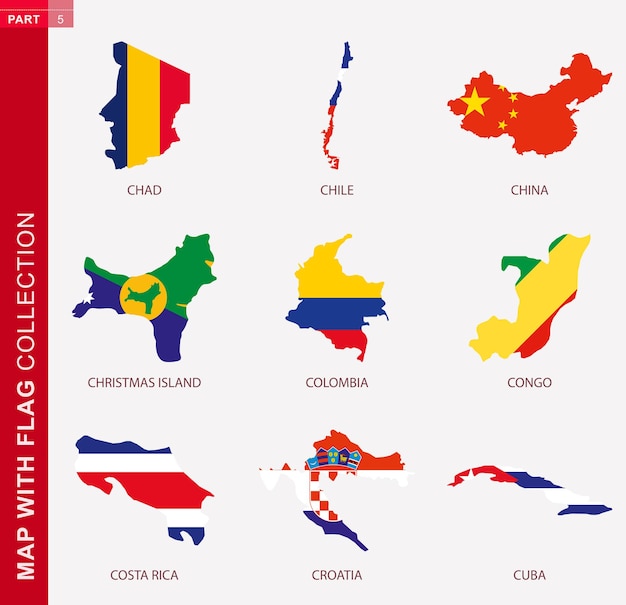 Mapa z kolekcją flag, dziewięć konturów map z flagą Czadu, Chile, Chin, Wyspa Bożego Narodzenia, Kolumbia, Kongo, Kostaryka, Chorwacja, Kuba