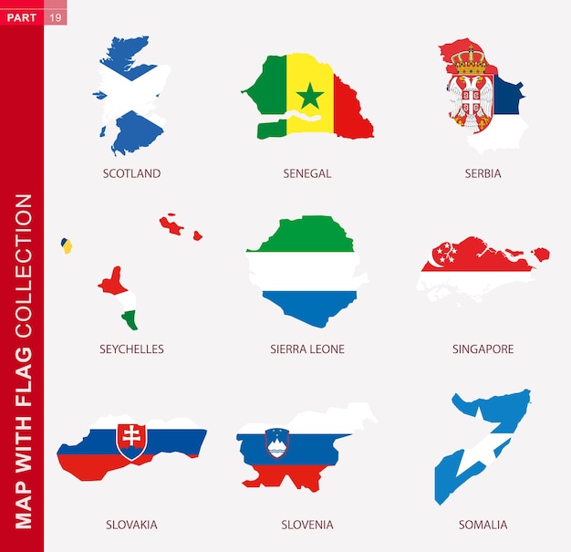 Mapa z kolekcją flag, dziewięć konturów map z flagą Szkocji, Senegalu, Serbii, Seszeli, Sierra Leone, Singapuru, Słowacji, Słowenii, Somalii