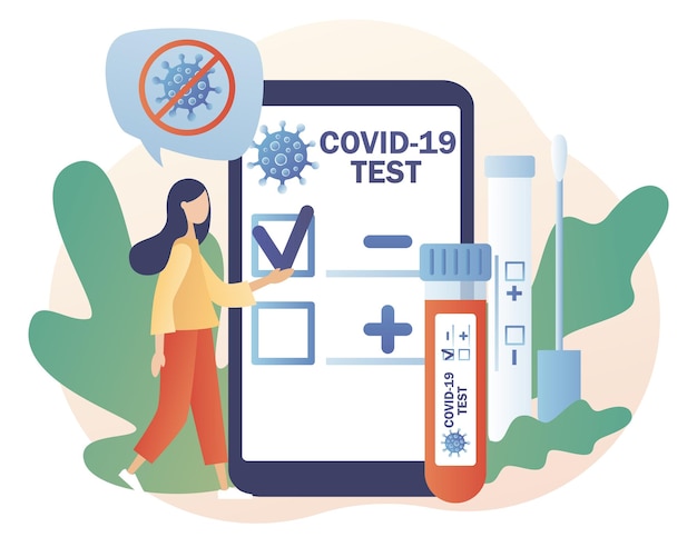 Pozytywny lub negatywny wynik testu w aplikacji na smartfona. Testy na Covid-19. Mały lekarz