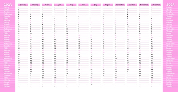 Prosty różowy szablon rocznego kalendarza liniowego na rok 2023 z pionową siatką miesięcy i wyróżnionymi weekendami