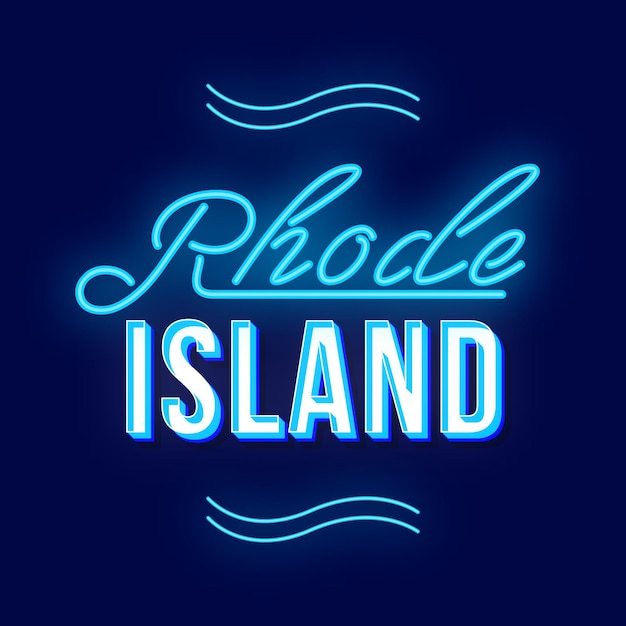 Rhode Island vintage wektor napis. Retro pogrubiona czcionka, krój pisma. Stylizowany tekst pop-artu. Litery neonowe w stylu starej szkoły. plakat z lat 90., baner, projekt typografii t shirt. Niebieski kolor tła